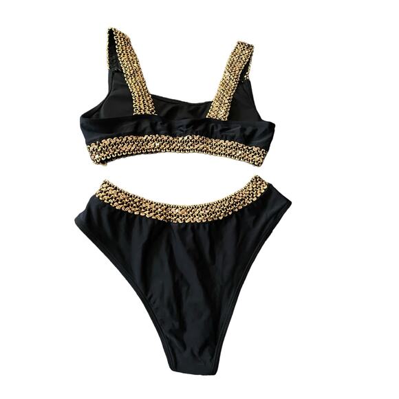 Egyptian Style 2 PCHi Waist Bikini Swim Size Large Black Gold Sequin Trim New - Picture 9 of 16